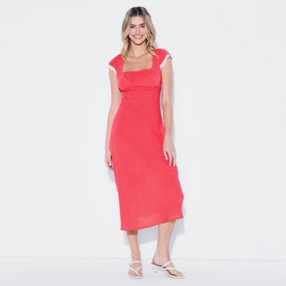 Flutter Cap Sleeve Maxi A-Line Dress | Rose Red, Dots, Lace Detail (S) - Picture 5 of 9